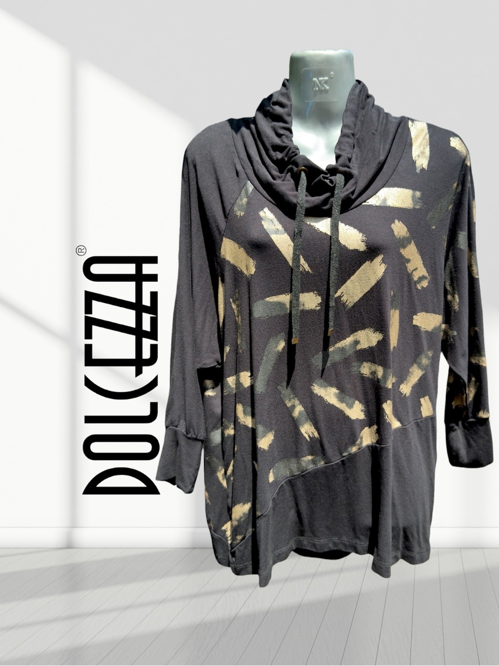 Dolcezza Cowl Neck Abstract Print Tunic Top Black Gold Women’s | Large
